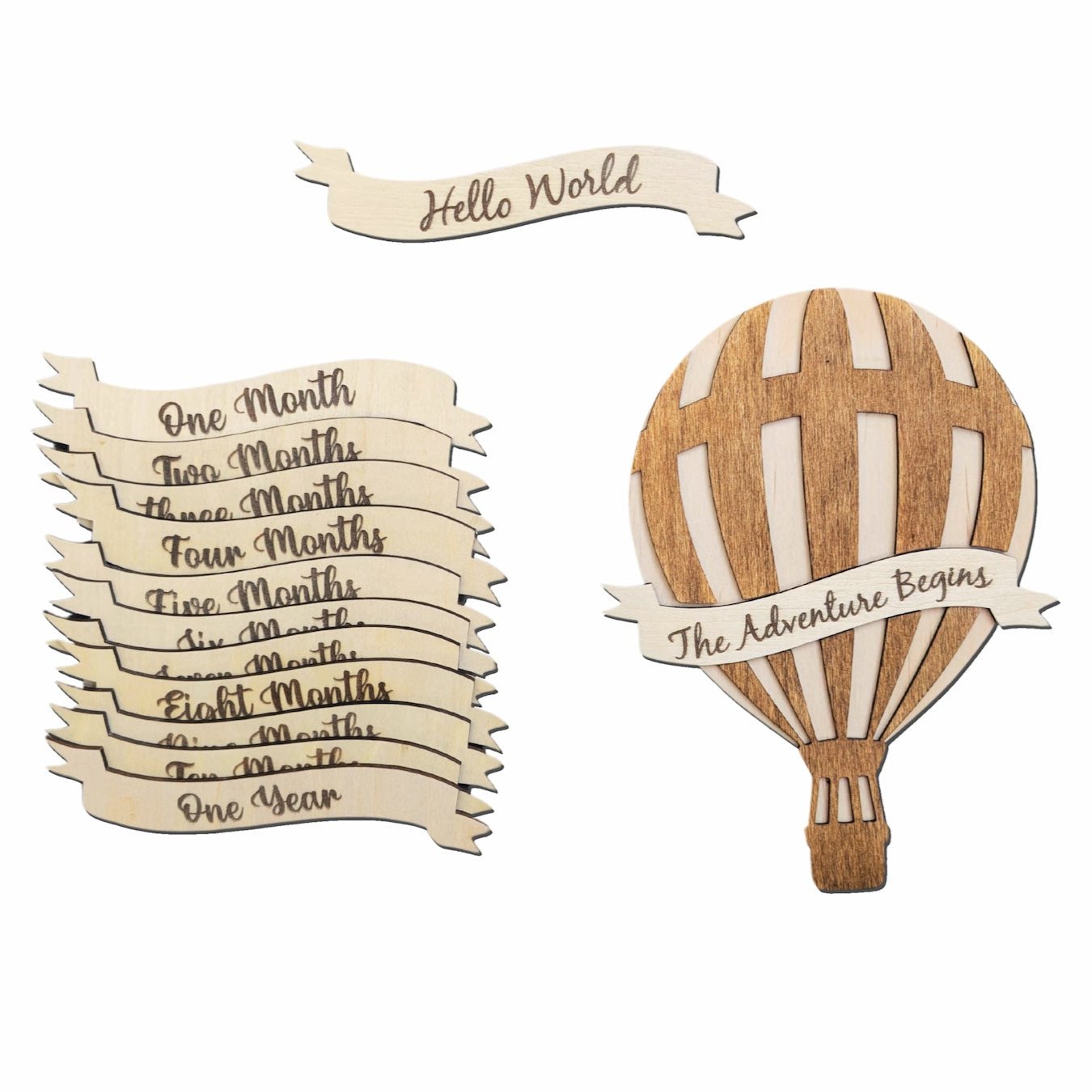 Complete set of the Whimsical Hot Air Balloon Milestone plaques with interchangeable banners, shown on a plain background.