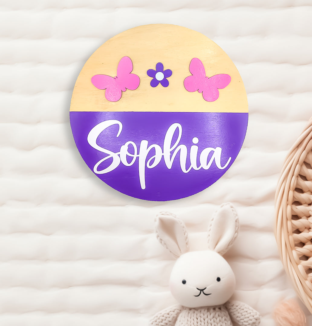 Wooden Name Sign with Butterfly and Flower Accents for Nursery Decor