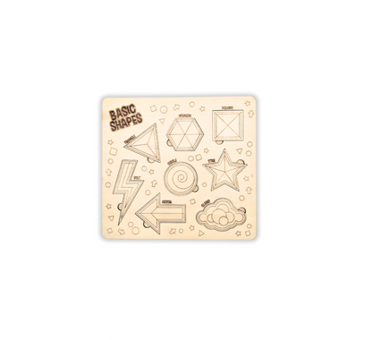 Basic Shape Puzzle featuring wooden pieces in various geometric shapes, designed to help children learn shape recognition and fine motor skills