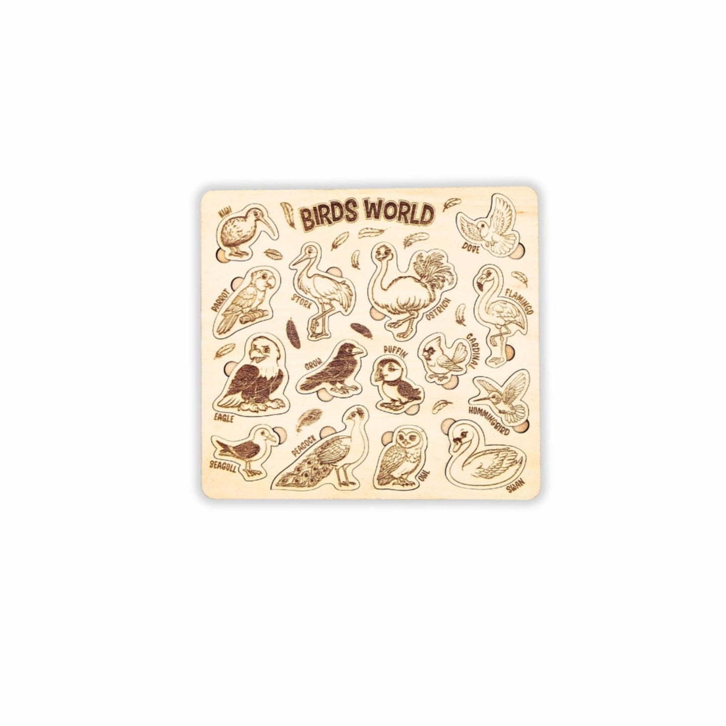 Bird Life Puzzle - A "Bird Life" themed puzzle, featuring engraved wooden pieces of birds like an eagle, swan, and parrot. Displayed on a plain background, the puzzle highlights the unique bird designs.