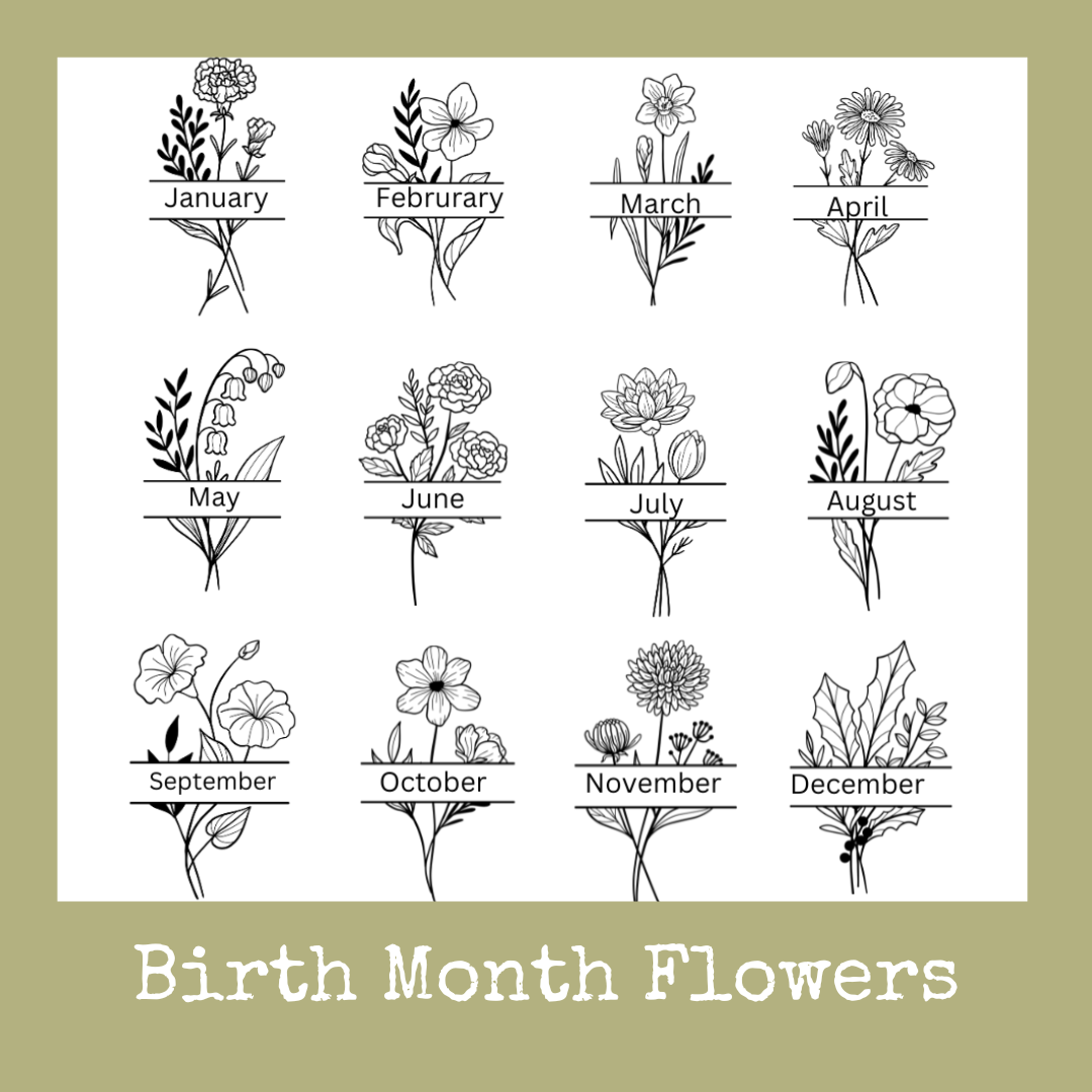 A display of various birth flowers with their corresponding months, featuring each flower illustrated in a monogram style with the month name positioned in the center. This visual representation highlights the connection between each flower and its associated month, making it easy to select for the Birth Flower Name Flags