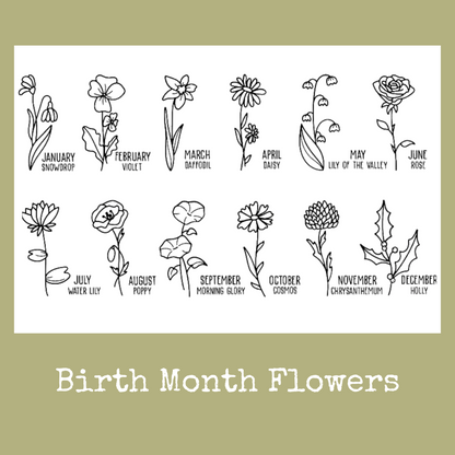 A display of various birth flowers with corresponding months, showing a visual representation of each flower and its associated month for easy selection.