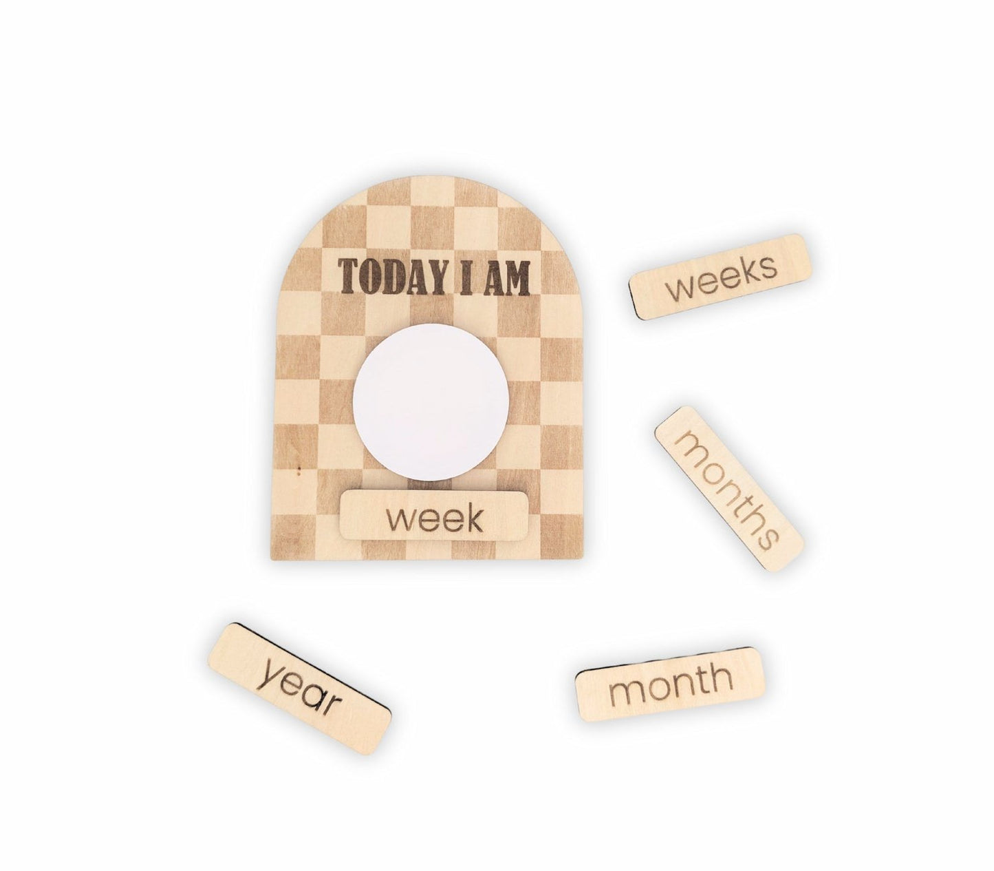 Dry-erase baby milestone plaque with a chic, modern checkered design and interchangeable week-to-year elements, shown on its own against a plain background.