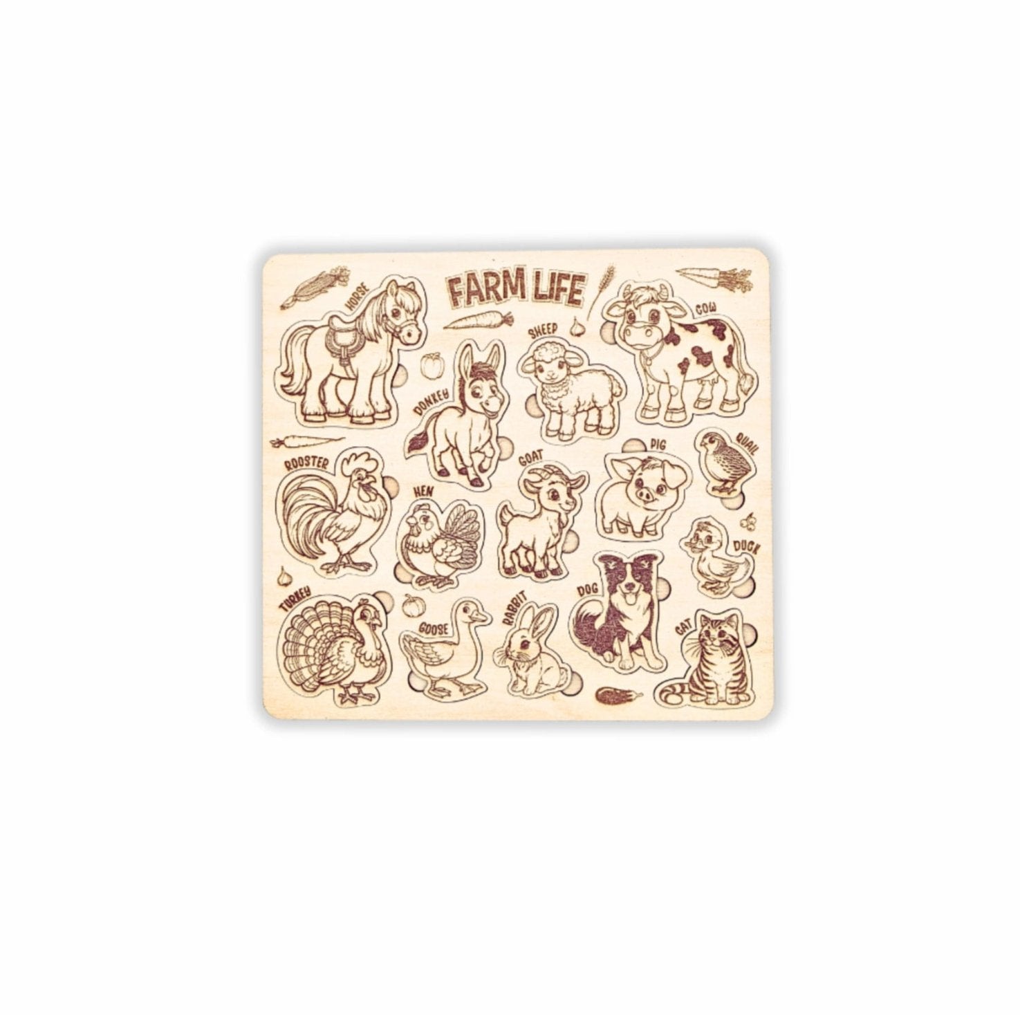 Farm Life Puzzle - An engraved wooden puzzle with a "Farm Life" theme, displaying animals like a cow, pig, and sheep. Assembled on a plain background.