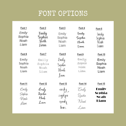 Options of fonts for custom names, labeled 'Font 1' to 'Font 15.' Each title includes examples of names written in the respective font, showcasing the variety available for personalising birth flower name flags.