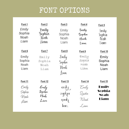 Options of fonts for custom names, labeled 'Font 1' to 'Font 15.' Each title includes examples of names written in the respective font, showcasing the variety available for personalising birth flower name flags.