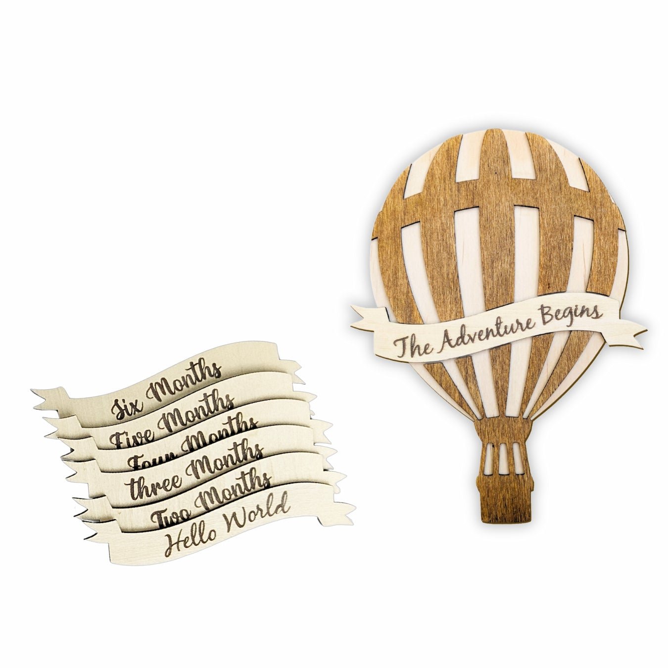 Whimsical Hot Air Balloon Milestone plaque, showing the attached banner and additional interchangeable banners displayed to the side. Plain background.