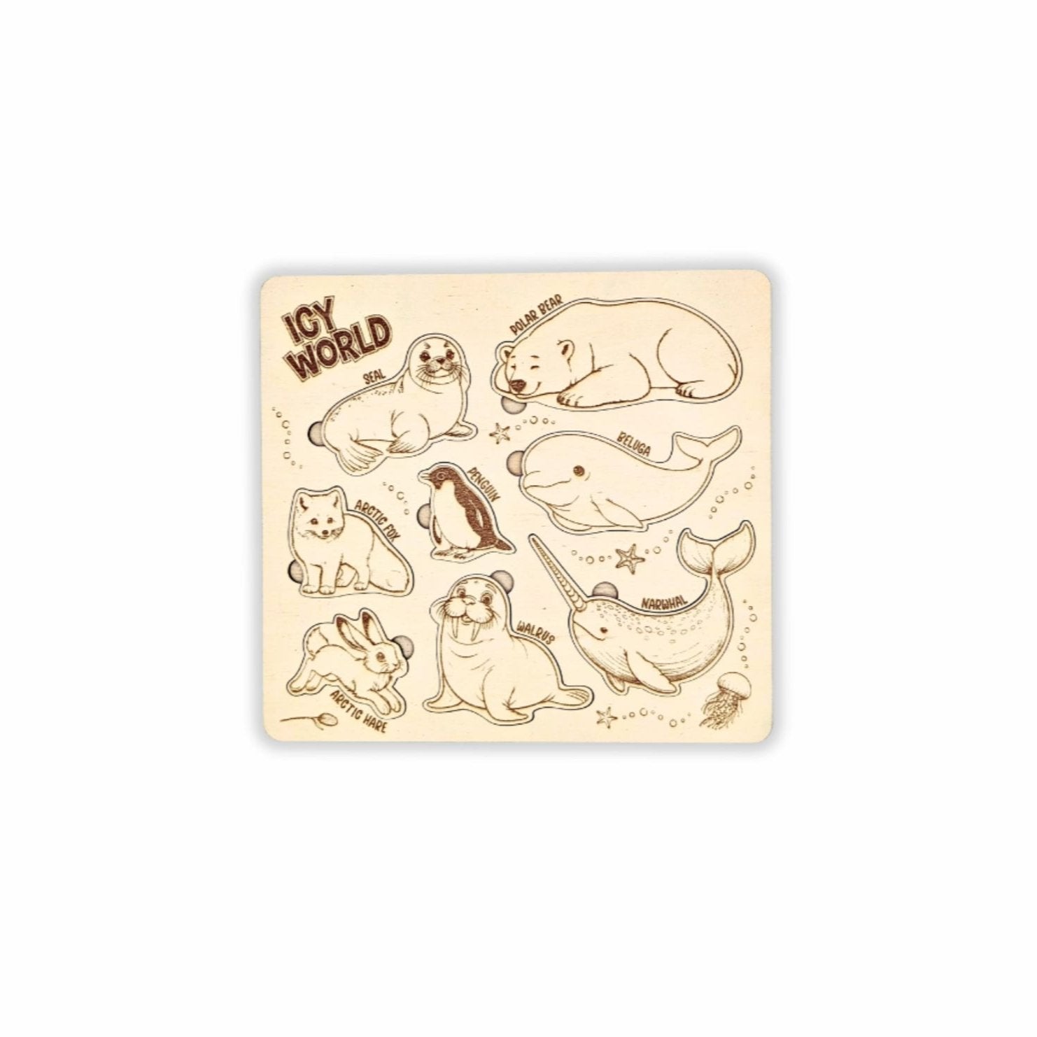 Icy World Puzzle - An "Icy World" themed wooden puzzle with engraved pieces, featuring arctic animals like a polar bear, penguin, and seal. Displayed on a plain background.