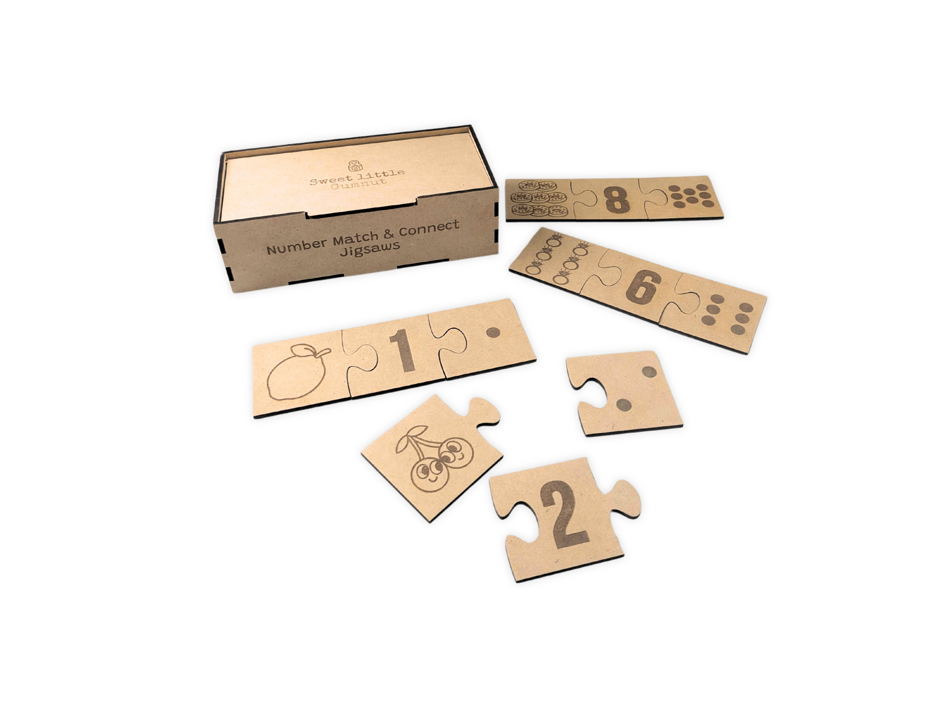 Close-up of Match & Connect Jigsaws featuring numbers between 1 to 10 alongside their matching objects and shapes. Wooden puzzle designed for early learning and problem-solving.