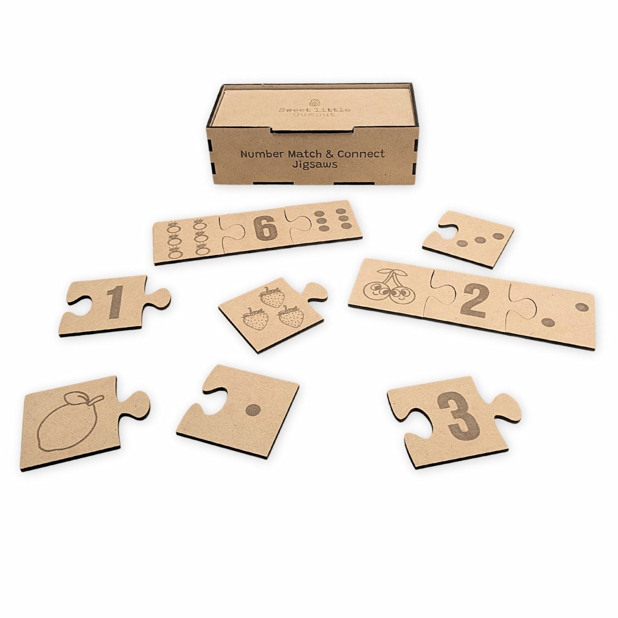 Scattered Match & Connect Jigsaws with numbered pieces and matching objects and shapes, ready to be assembled. Educational wooden puzzle for kids.