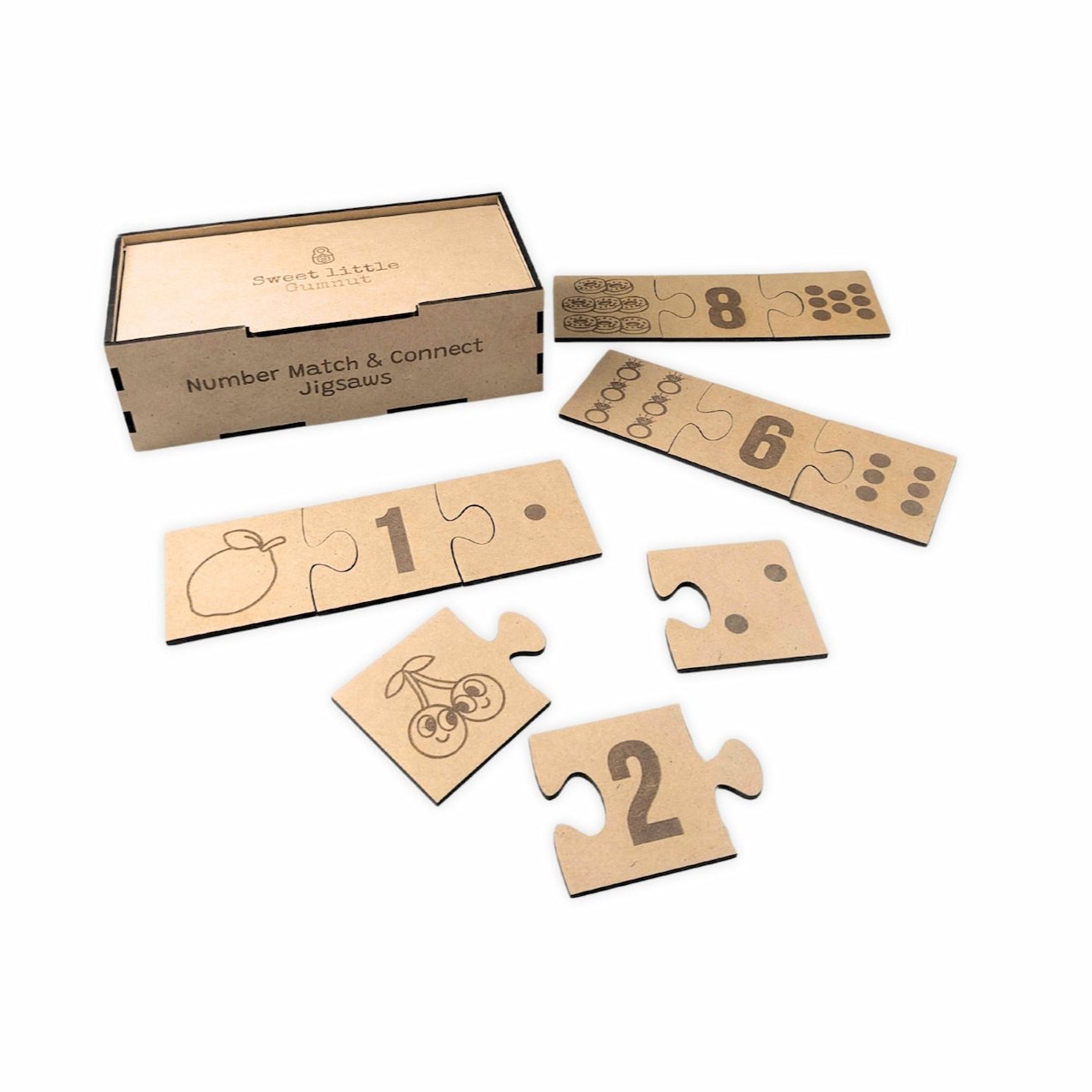 Close-up of Match & Connect Jigsaws featuring numbers between 1 to 10 alongside their matching objects and shapes. Wooden puzzle designed for early learning and problem-solving.