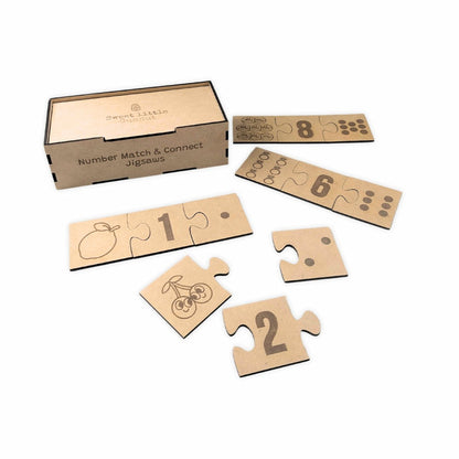 Close-up of Match & Connect Jigsaws featuring numbers between 1 to 10 alongside their matching objects and shapes. Wooden puzzle designed for early learning and problem-solving.