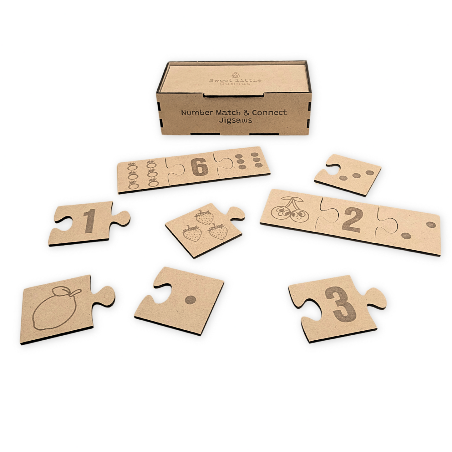 Scattered Match & Connect Jigsaws with numbered pieces and matching objects and shapes, ready to be assembled. Educational wooden puzzle for kids.