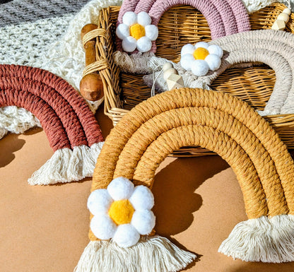 Boho Nursery Macrame Rainbow with Flower Accent