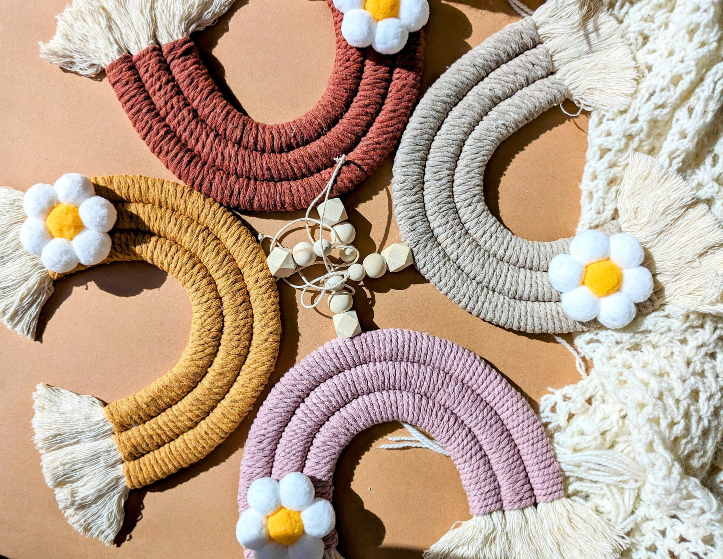 Boho Nursery Macrame Rainbow with Flower Accent