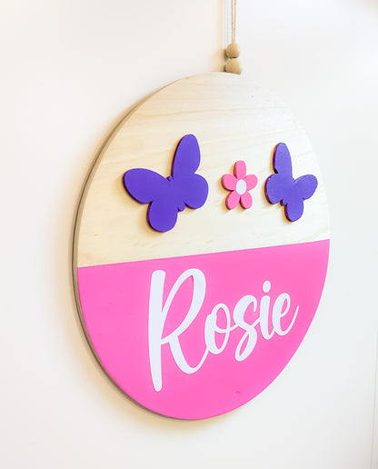 Wooden Name Sign with Butterfly and Flower Accents for Nursery Decor