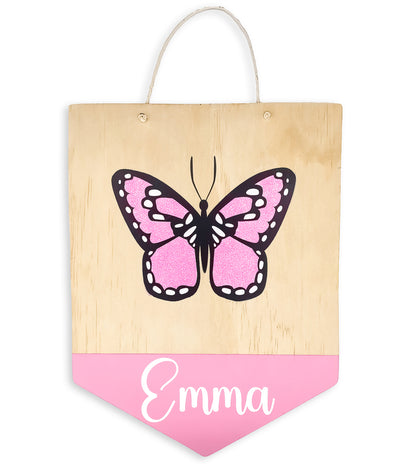 Personalised Wooden Name Sign with Shimmering Butterfly