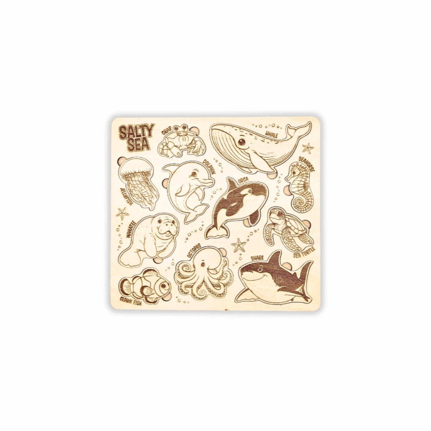 Salty Sea Puzzle - A wooden, engraved puzzle with a "Salty Sea" theme, displaying animals such as a jellyfish, dolphin, and shark. The puzzle is fully assembled against a plain background.