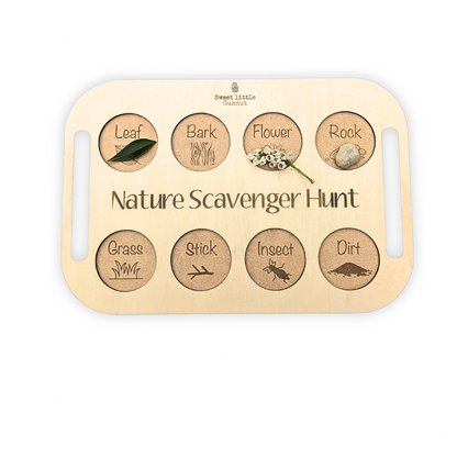 Nature Scavenger Collection Board showing a leaf, flower, and rock placed in designated sections. Montessori-inspired tool for outdoor exploration.