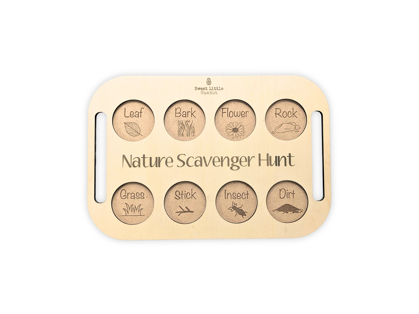 Nature Scavenger Collection Board with empty sections, ready to hold collected items such as leaves, flowers, and insects. Wooden board for kids’ nature activities.