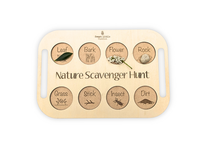 Nature Scavenger Collection Board showing a leaf, flower, and rock placed in designated sections. Montessori-inspired tool for outdoor exploration.