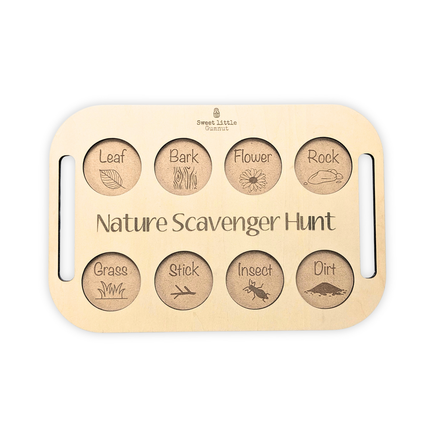 Nature Scavenger Collection Board with empty sections, ready to hold collected items such as leaves, flowers, and insects. Wooden board for kids’ nature activities.