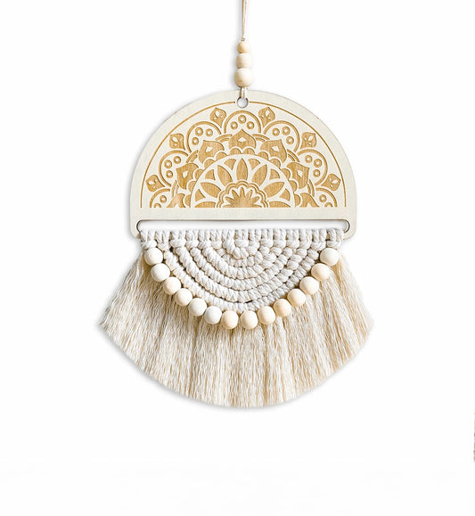 Natural White Macrame Wall Decor - A handcrafted wooden semicircle macrame wall hanging in natural white, featuring intricate macrame designs and delicate beads on a plain background.