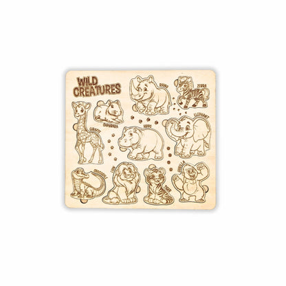 Wild Creatures Puzzle - A "Wild Creatures" puzzle showcasing engraved wooden pieces of a lion, elephant, and gorilla and more. Fully assembled on a plain background, 