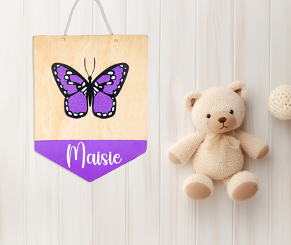 Personalised Wooden Name Sign with Shimmering Butterfly