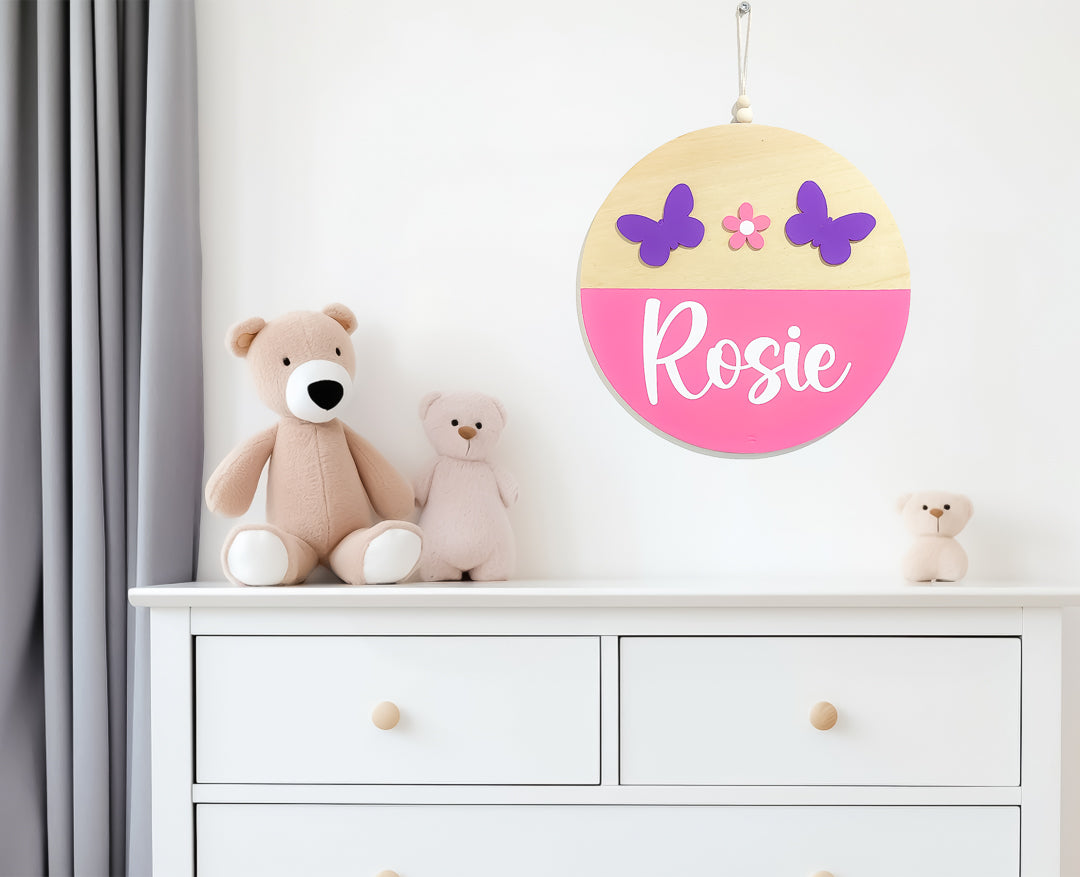 Wooden Name Sign with Butterfly and Flower Accents for Nursery Decor